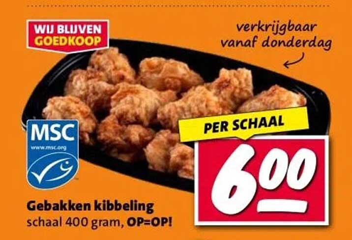 Gebakken kibbeling schaal 400 gram, OP=OP!