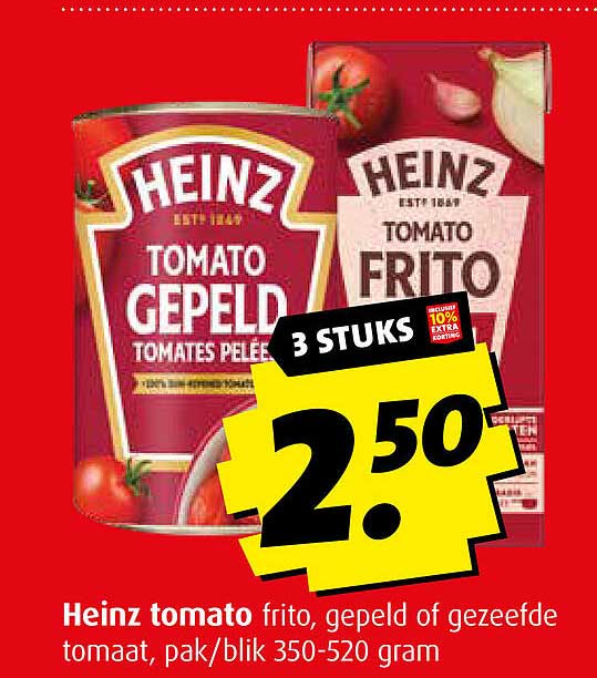 Heinz tomato frito, gepeld of gezeefde tomaat, pak/blik 350-520 gram