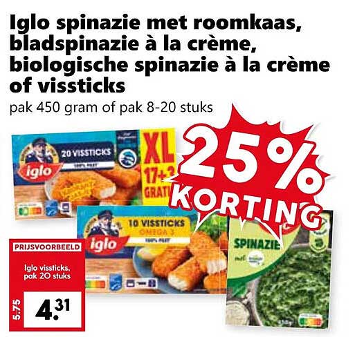 Iglo spinazie met roomkaas, bladspinat à la crème, biologische spinazie à la crème of vissticks
