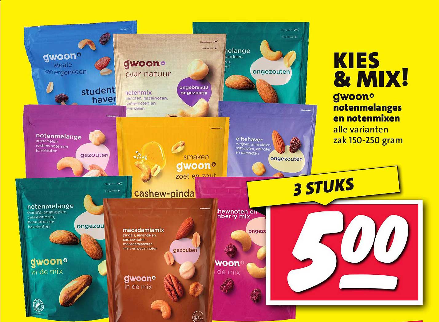 KIES & MIX! gwoon® notenmelanges en notenmixen alle varianten zak 150-250 gram