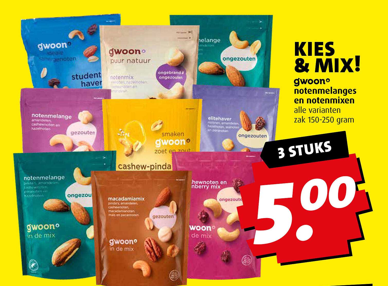 KIES & MIX! gwoon° notenmelanges en notenmixen alle varianten zak 150-250 gram
