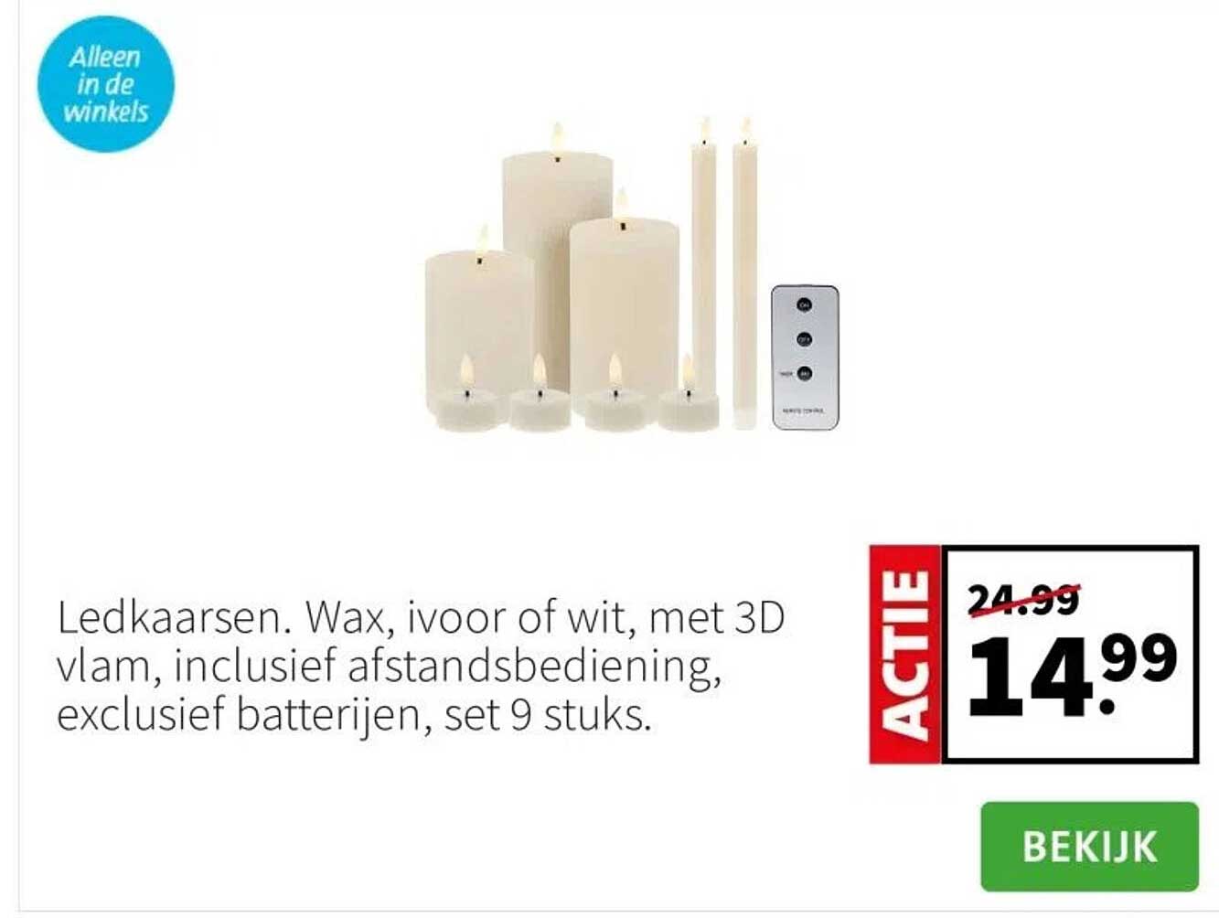 Ledkaarsen. Wax, ivoor of wit, met 3D vlam, inclusief afstandsbediening, exclusief batterijen, set 9 stuks.