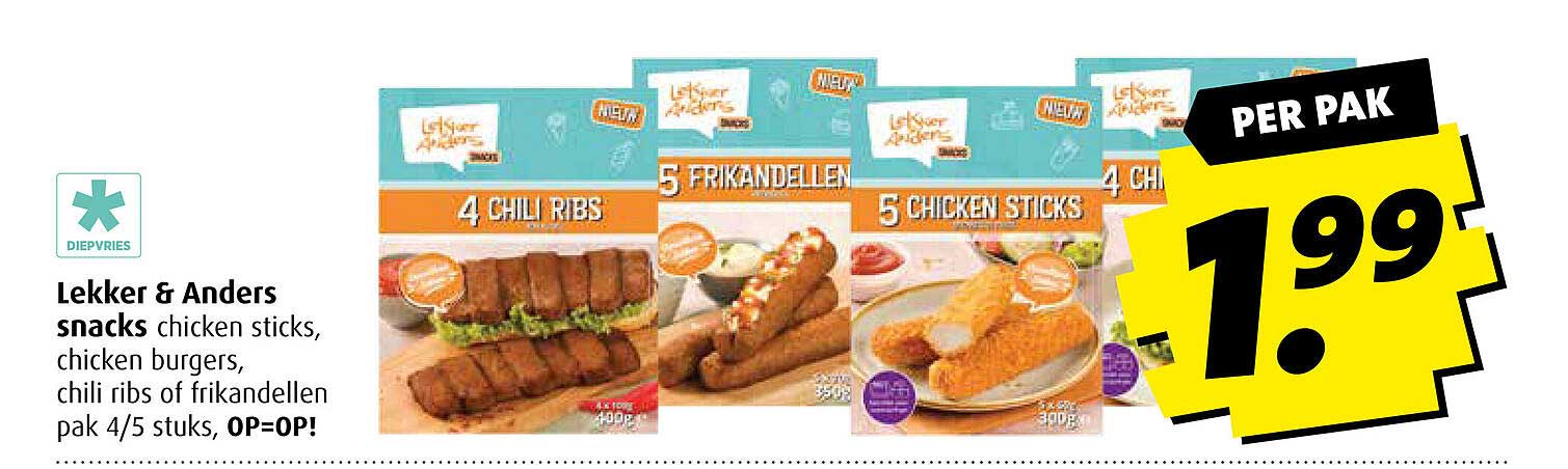 Lekker & Anders snacks chicken sticks, chicken burgers, chili ribs of frikandellen pak 4/5 stuks, OP=OP!