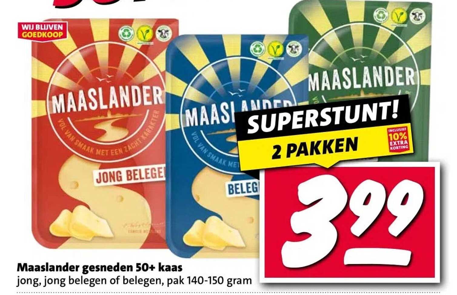 Maaslander gesneden 50+ kaas jong, jong belegen of beleggen, pak 140-150 gram