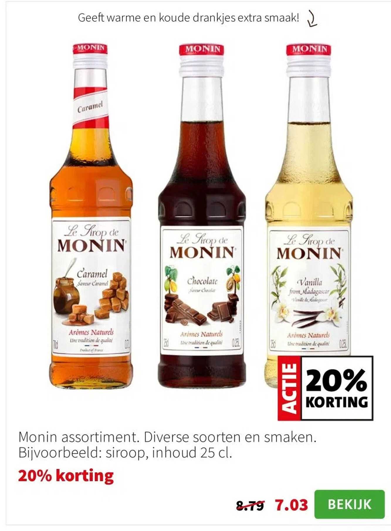 Monin assortiment. Diverse soorten en smaken. Bijvoorbeeld: siroop, inhoud 25 cl.