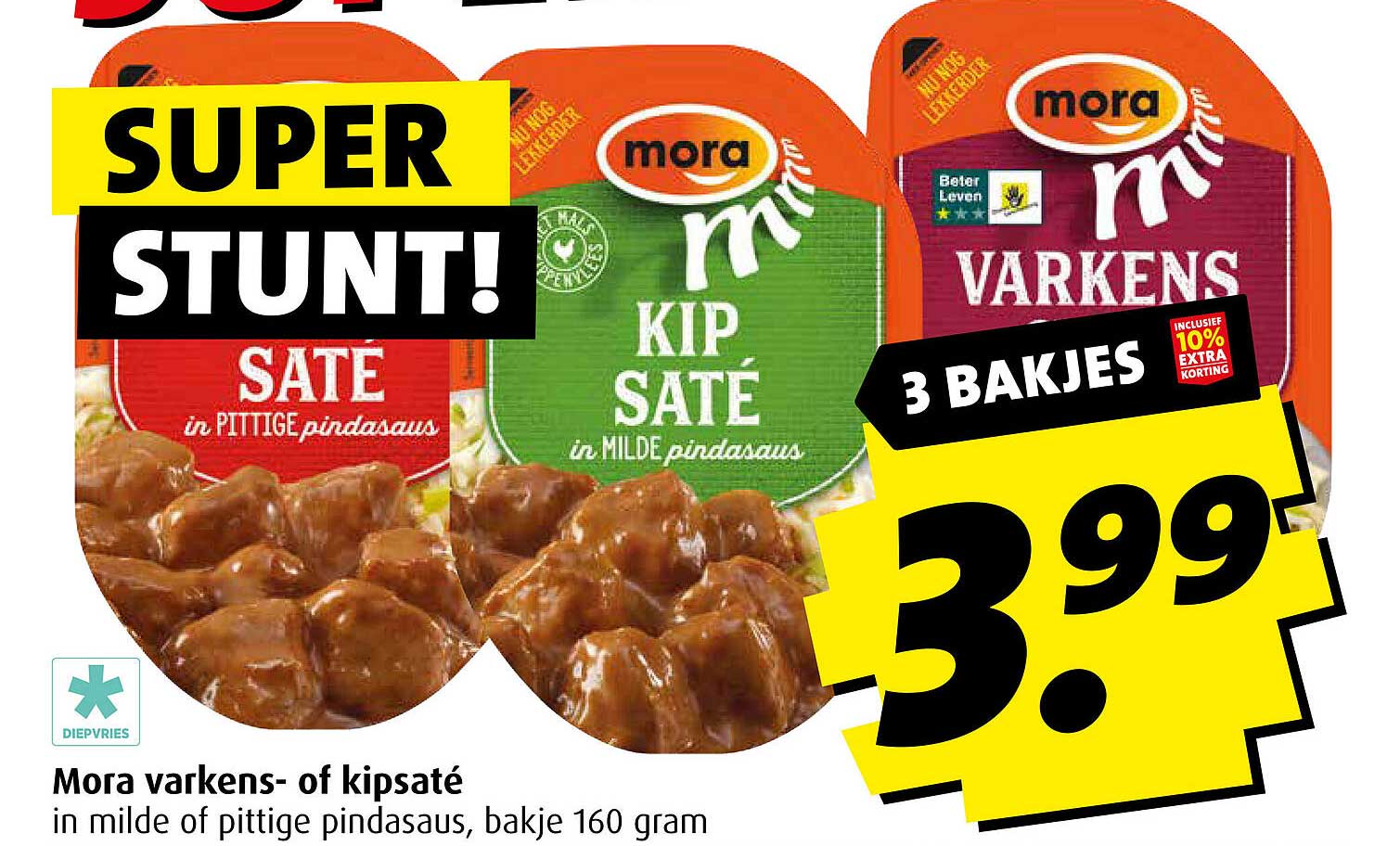 Mora varkens- of kipsaté in milde of pittige pindasaus, bakje 160 gram