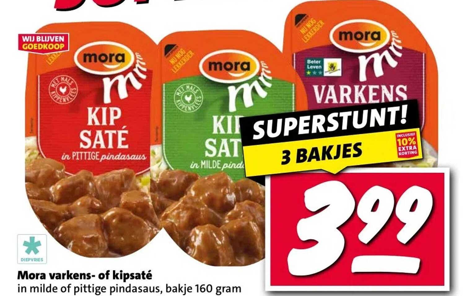 Mora varkens- of kipsaté in milde of pittige pindasaus, bakje 160 gram