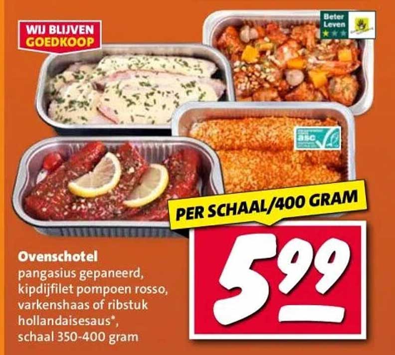 Ovenschotel pangasius gepaneerd, kippendijfilet pompoen rosso, varkenshaas of ribstuk hollandaisesaus*, schaal 350-400 gram