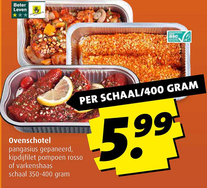 Ovenschotel pangasius gepaneerd, kipschotel pompoen rosso of varkenshaas schaal 350-400 gram