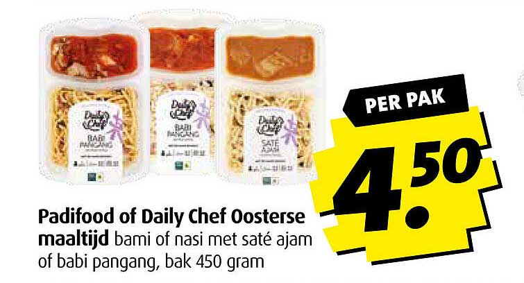 Padifood of Daily Chef Oosterse maaltijd bami of nasi met saté ajam of babi pangang, bak 450 gram