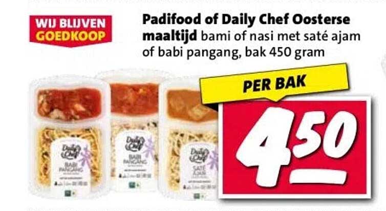 Padifood of Daily Chef Oosterse maaltijd bami of nasi met saté ajam of babi pangang, bak 450 gram