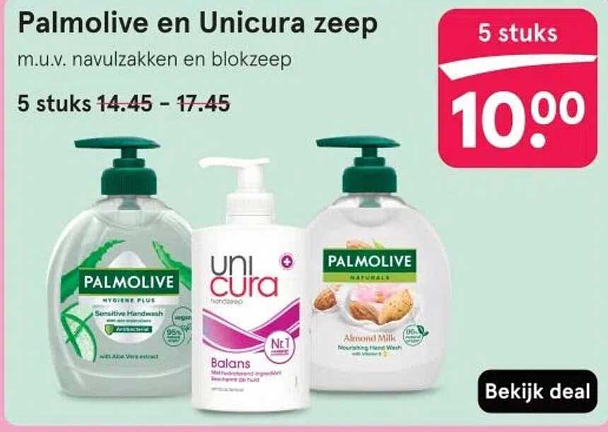 Palmolive en Unicura zeep m.u.v. navulzakken en blokzeep