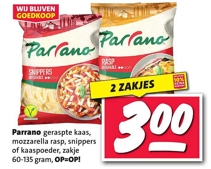 Parrano geraspte kaas, mozzarella rasp, snippers of kaaspoeder, zakje 60-135 gram, OP=OP!