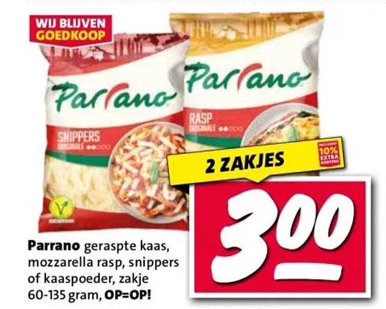 Parrano geraspte kaas, mozzarella rasp, snippers of kaaspoeder, zakje 60-135 gram, OP=OP!
