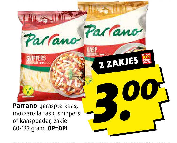 Parrano geraspte kaas, mozzarella rasp, snippers of kaaspoeder, zakje 60-135 gram, OP=OP!