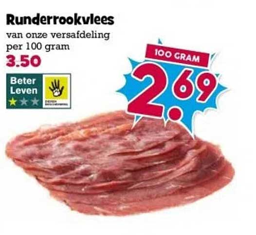 Runderrookvlees van onze versafdeling per 100 gram