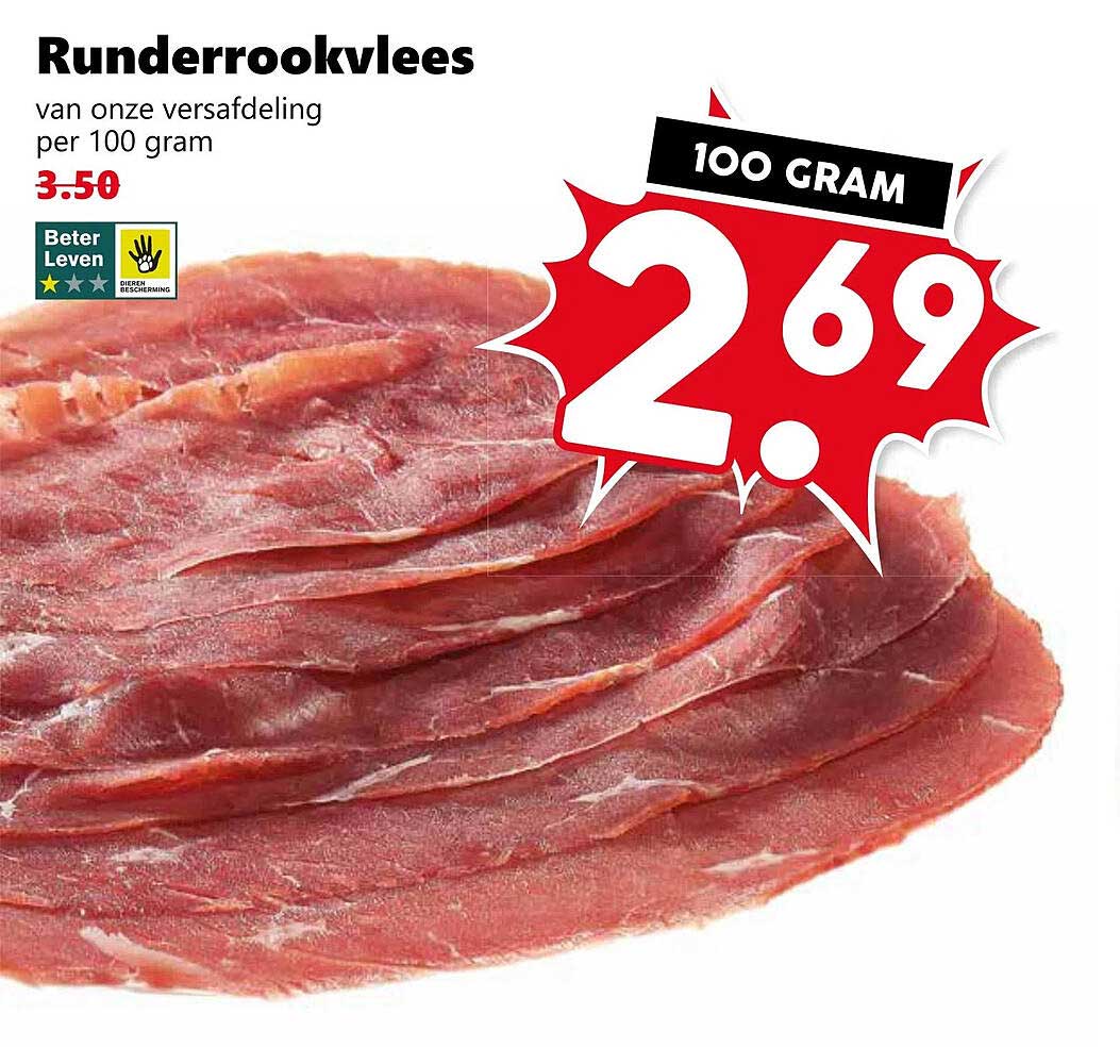 Runderrookvlees van onze versafdeling per 100 gram