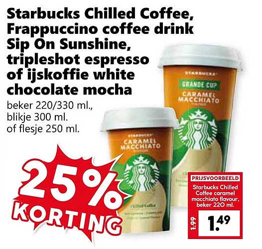 Starbucks Chilled Coffee, Frappuccino coffee drink Sip On Sunshine, tripleshote espresso of ijskoffie white chocolate mocha