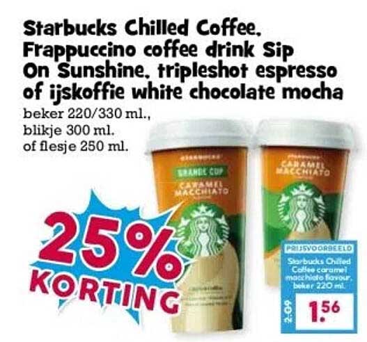 Starbucks Chilled Coffee, Frappuccino coffee drink Sip On Sunshine, tripleshott espresso of ijskoffie white chocolate mocha