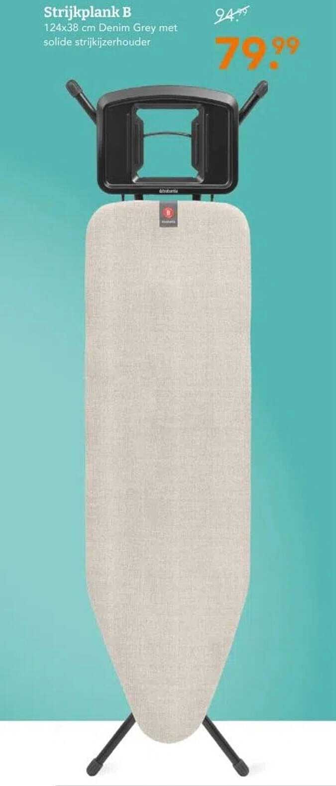 Strijkplank B 124x38 cm Denim Grey met solide strijkijzerhouder