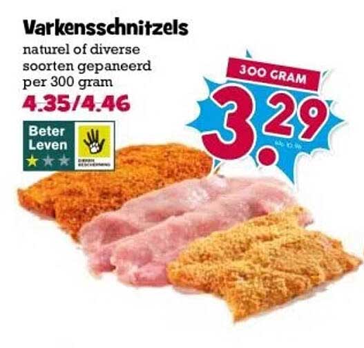 Varkensschnitzels natuur of diverse soorten gepaneerd per 300 gram
