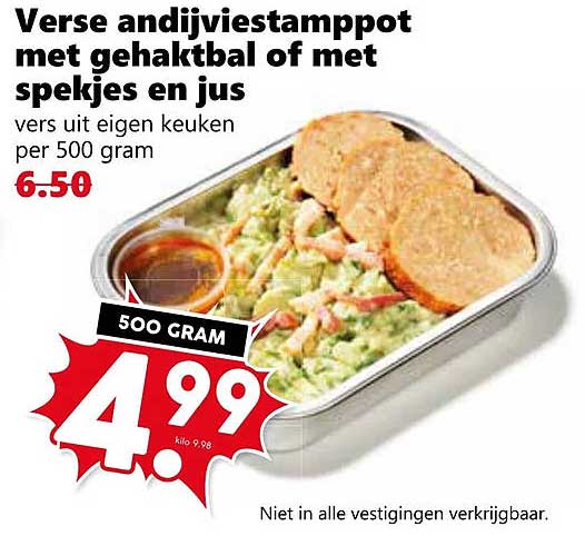 Verse andijviestamppot met gehaktbal of met spekjes en jus