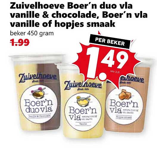 Zuivelhoeve Boer’n duo vla vanille & chocolade, Boer’n vla vanille of hopjes smaak