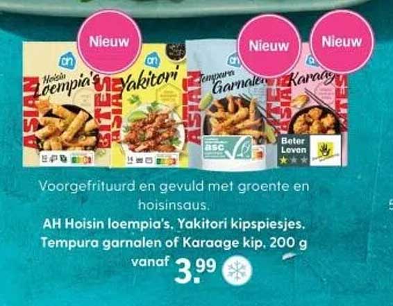 AH Hoisin loempia's, Yakitori kipspiesjes, Tempura garnalen of Karaage kip, 200 g vanaf 3,99