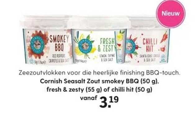Cornish Seasalt Zout smokey BBQ (50 g), fresh & zesty (55 g) of chilli hit (50 g) vanaf 3,19