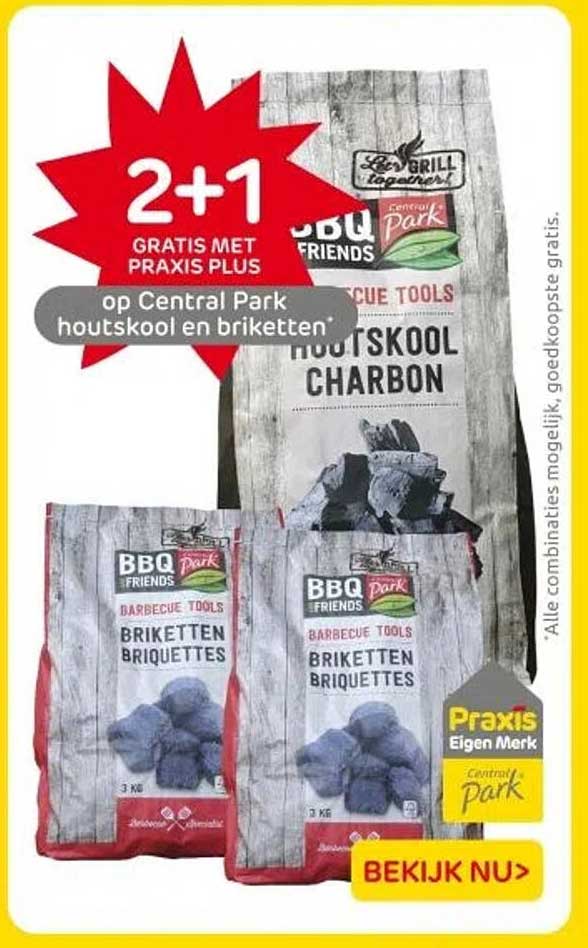 2+1 GRATIS MET PRAXIS PLUS op Central Park houtskool en briketten