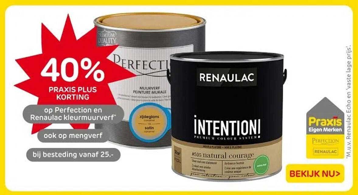 40% PRAXIS PLUS KORTING op Perfection en Renau Lac kleurmuurverf