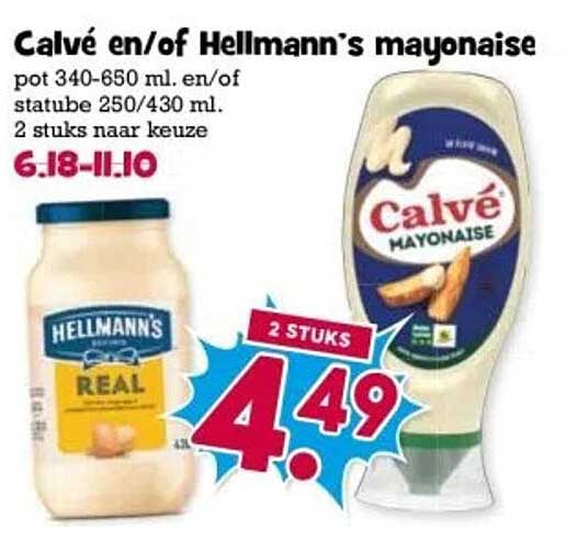 Calvé en/of Hellmann's mayonaise pot 340-650 ml. en/of statube 250/430 ml.