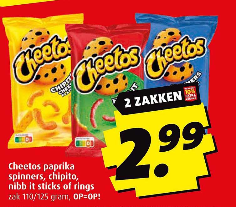 Cheetos paprika spinners, chipito, nibb it sticks of rings zak 110/125 gram