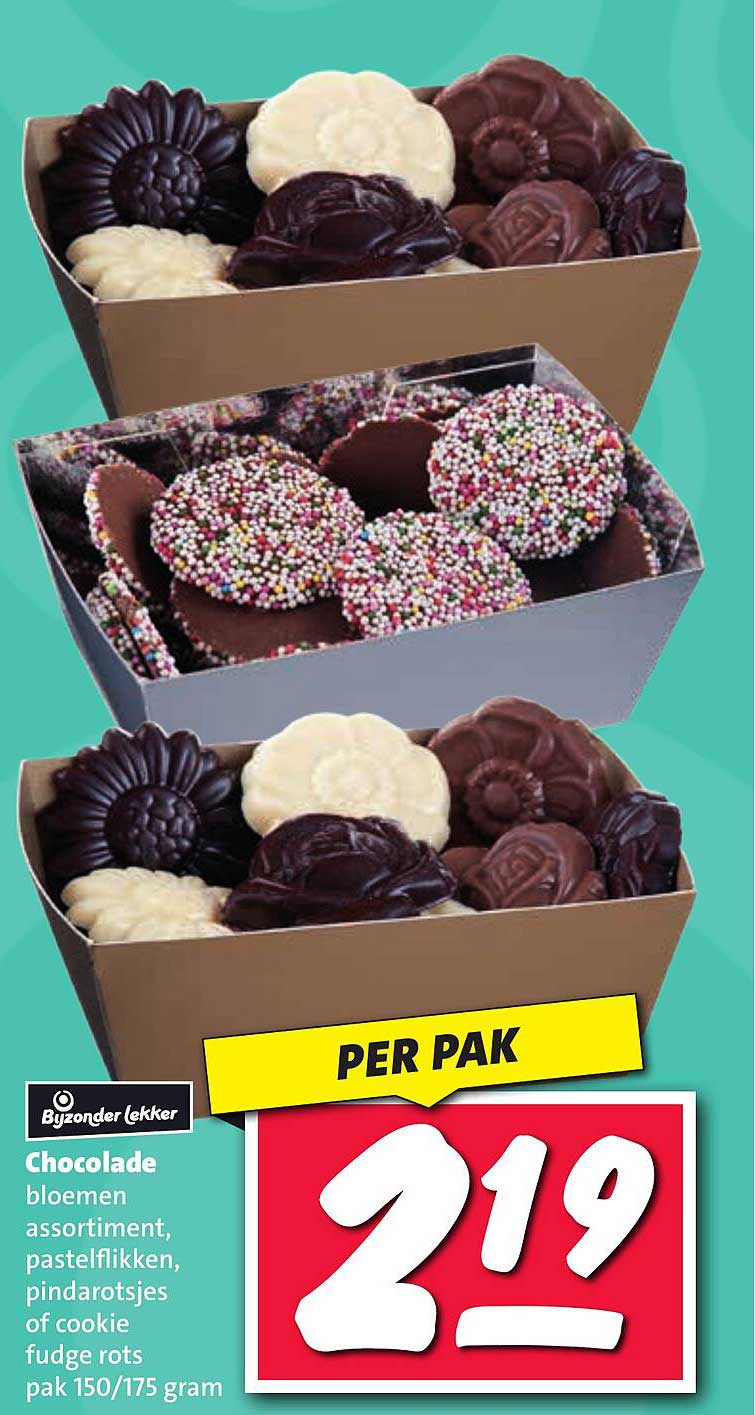 Chocolade bloemen assortiment, pastelflikken, pindarotsjes of cookie fudge rots pak 150/175 gram