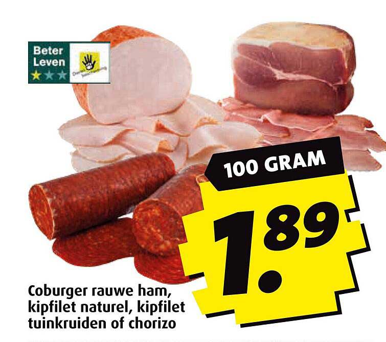 Coburger rauwe ham, kipfilet naturel, kipfilet tuinkruiden of chorizo