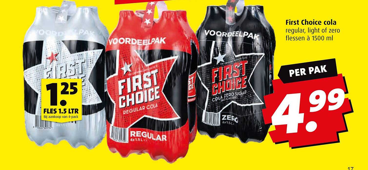 First Choice cola regular, light of zero flessen à 1500 ml