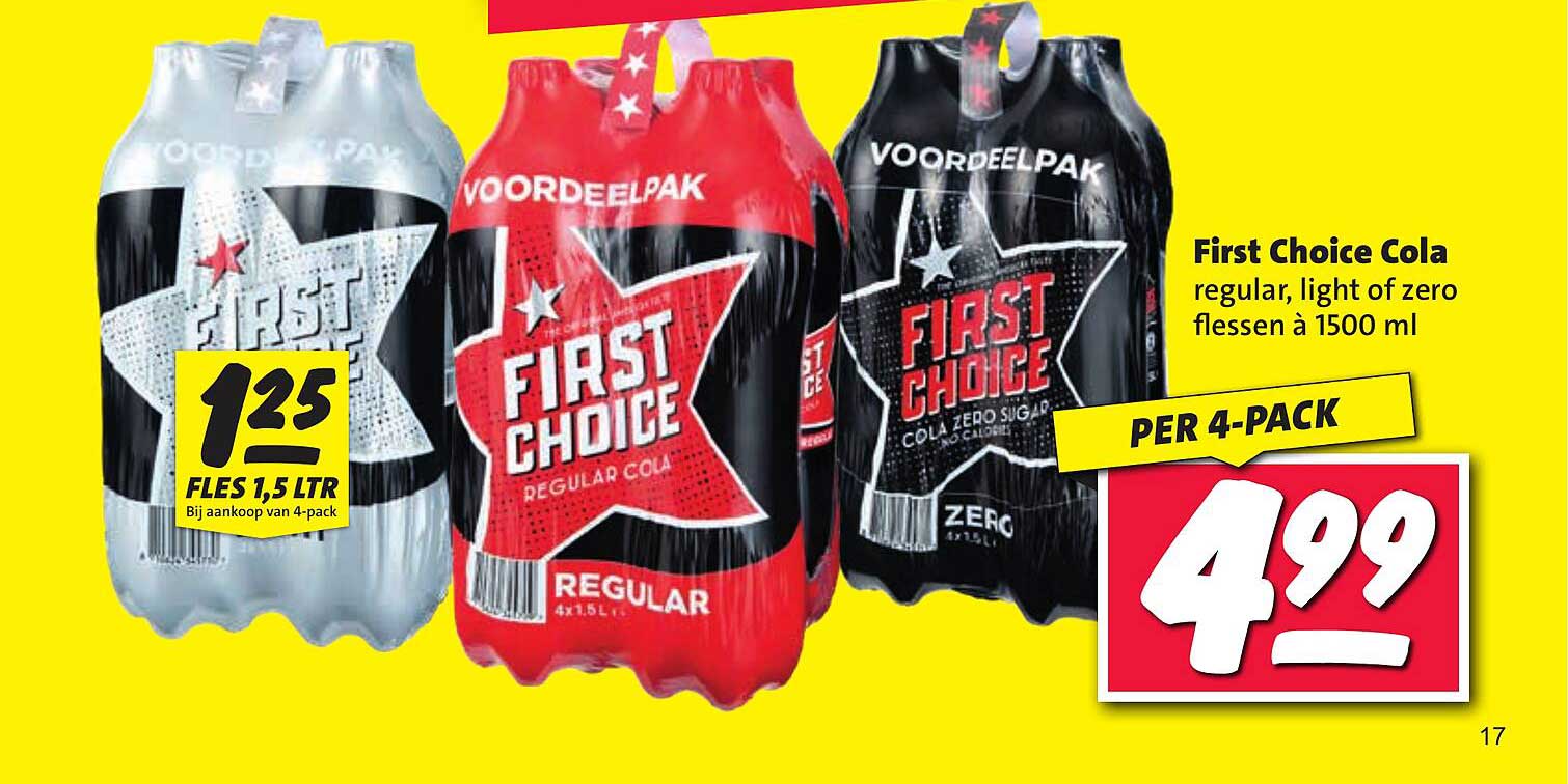 First Choice Cola regular, light of zero flessen à 1500 ml