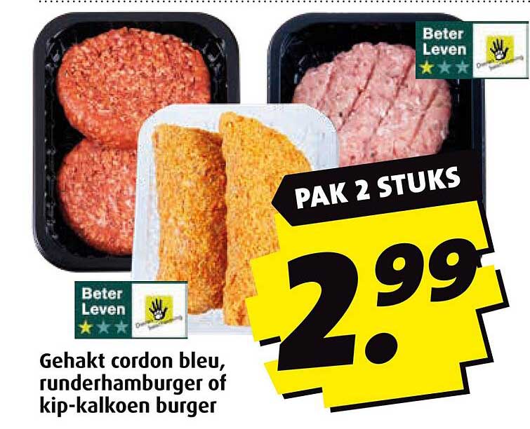 Gehakt cordon bleu, rundhamburger of kip-kalkoen burger