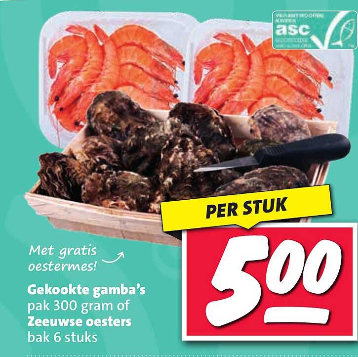 Gekookte gamba’s pak 300 gram of Zeeuwse oesters bak 6 stuks