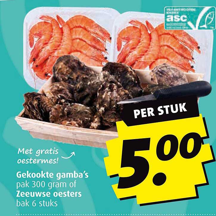 Gekookte gamba’s pak 300 gram of Zeeuwse oesters bak 6 stuks