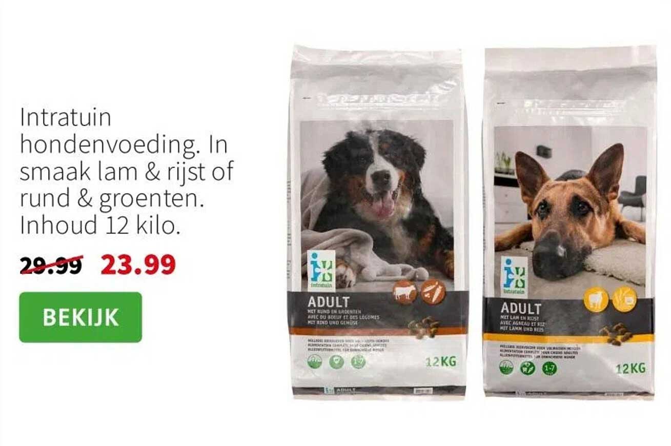 Intratuin hondenvoeding. In smaak lam & rijst of rund & groenten. Inhoud 12 kilo.