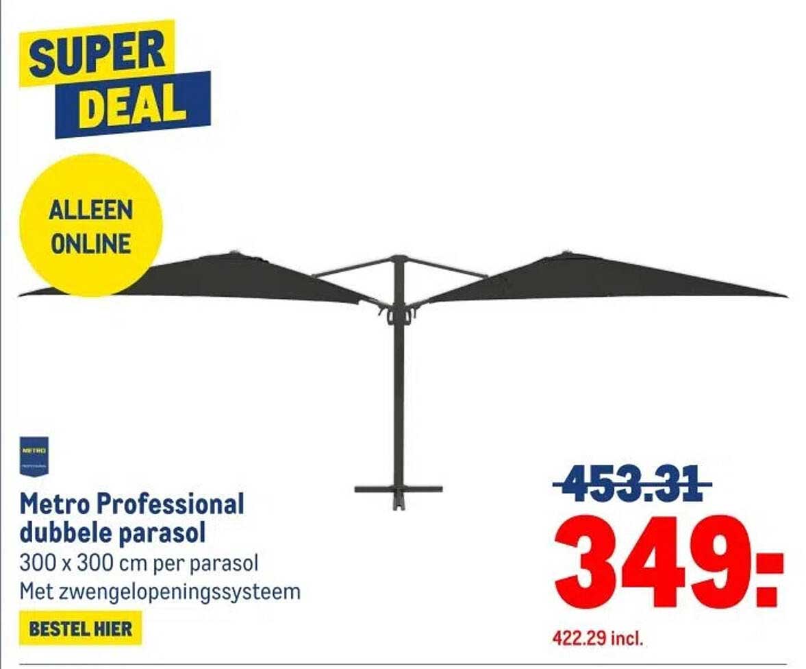Metro Professional dubbele parasol 300 x 300 cm per parasol Met zwengelopeningssysteem