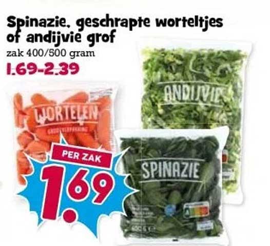 Spinazie, geschaafde worteltjes of andijvie grof