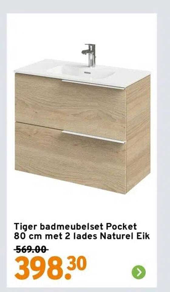 Tiger badmeubelset Pocket 80 cm met 2 lades Naturel Eik