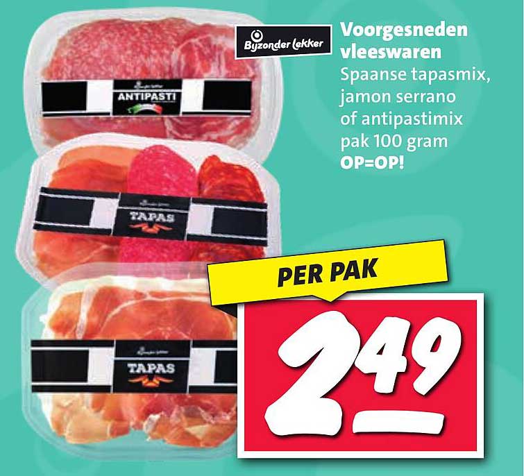 Voorgesneden vleeswaren Spaanse tapasmix, jamon serrano of antipastimix pak 100 gram OP=OP!
