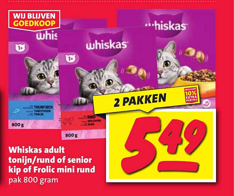 Whiskas adult tonijn/rund of senior kip of Frolic mini rund pak 800 gram