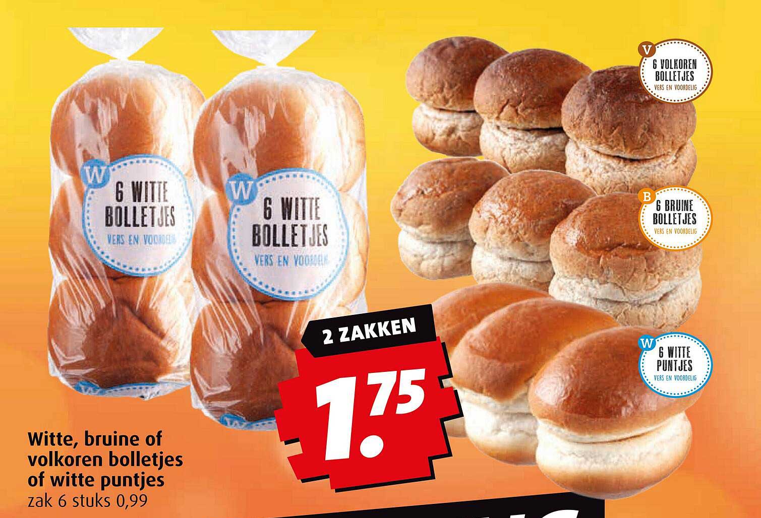 Witte, bruine of volkoren bolletjes of witte puntjes zak 6 stuks 0,99