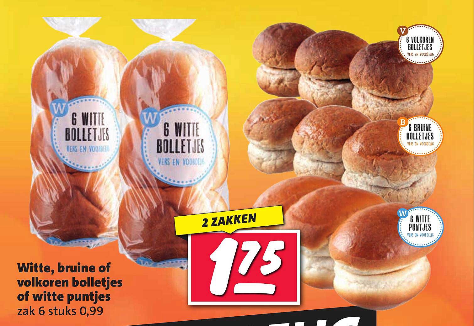 Witte, bruine of volkoren bolletjes of witte puntjes zak 6 stuks 0,99