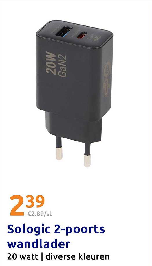 Sologic 2-poorts wandlader 20 watt | diverse kleuren