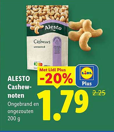 ALESTO Cashew-noten Ongebrand en ongezouten 200 g Met Lidl Plus -20%